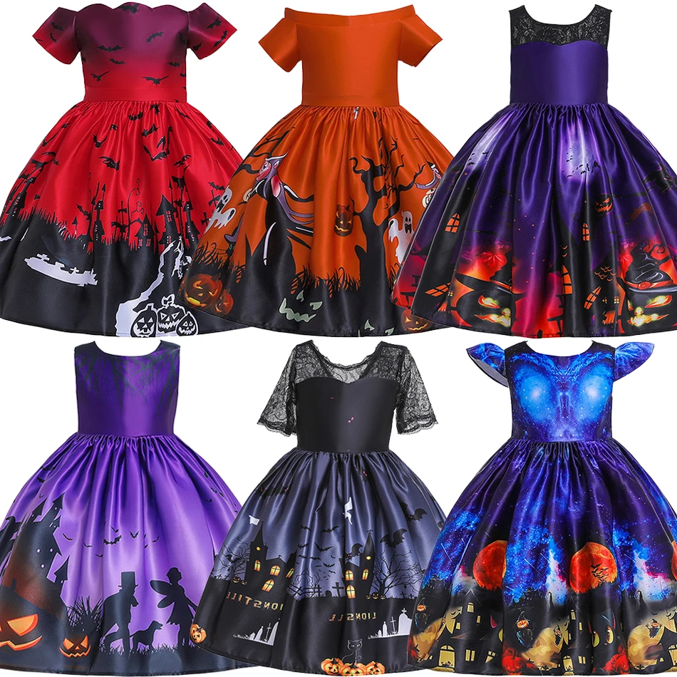 Girls Halloween Party Dress Bat Witch Devil Print Cosplay Costume Kids Carnival Event Festival Charm Children Fantasy Clothing