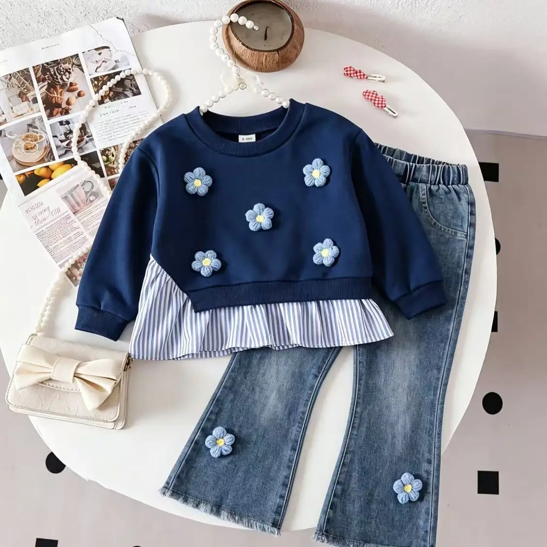 New Autumn Girls 2Pcs Outfit 3D Floral Sweatshirt with Striped Ruffle Hem Top Flower Embroidered Jeans Wholesale Kids Set