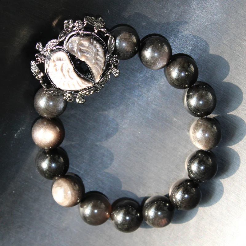 Unit One Bracelet 12 mm Natural Silver Obsidian Crystal Bead With Silver Obsidian Angel Wings Bracelet For Gift