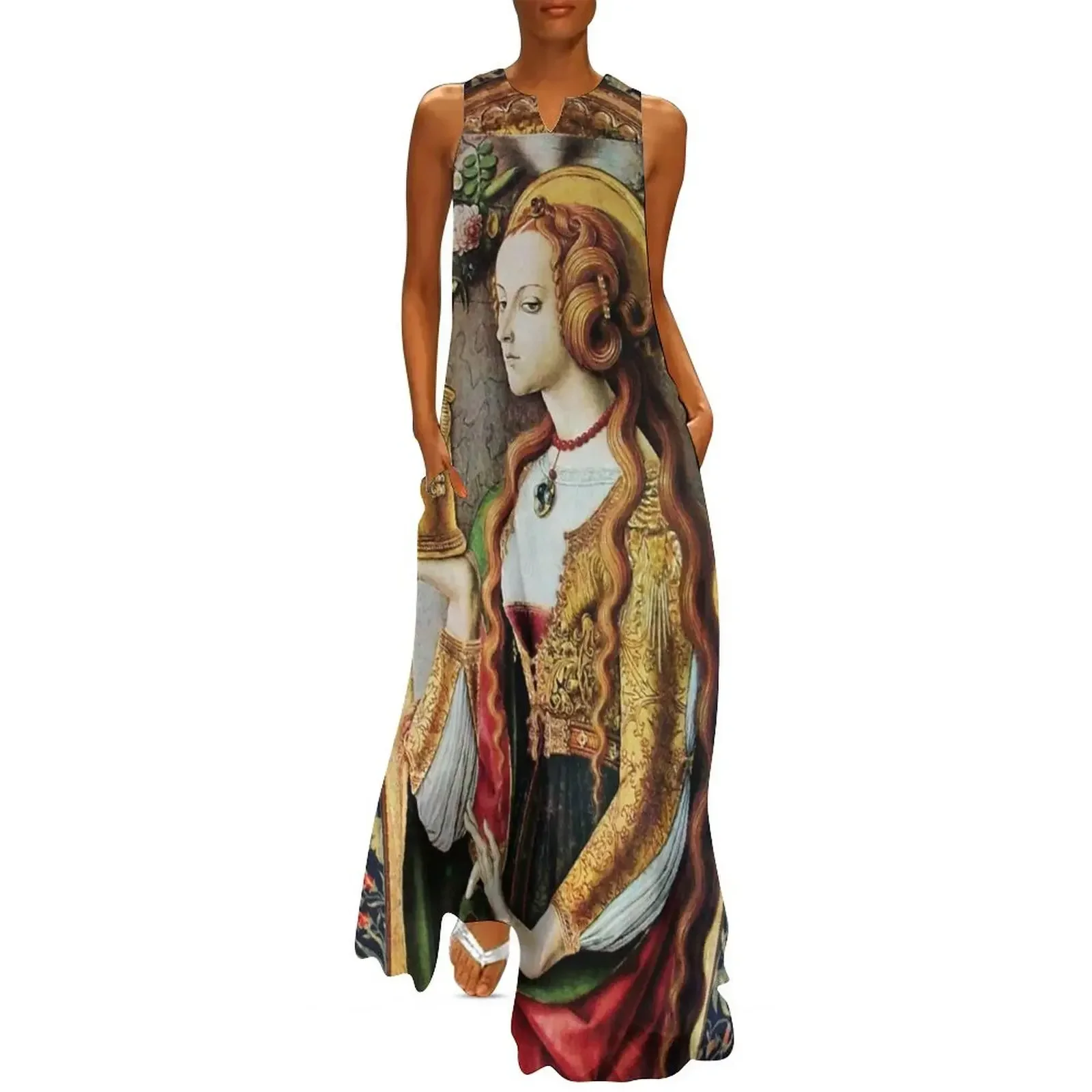 

ST. MARIE MAGDALENE MILLEFLEURS ,RED GREEN BLUE FLORAL MOTIFS Long Dress birthday dresses for women Dress