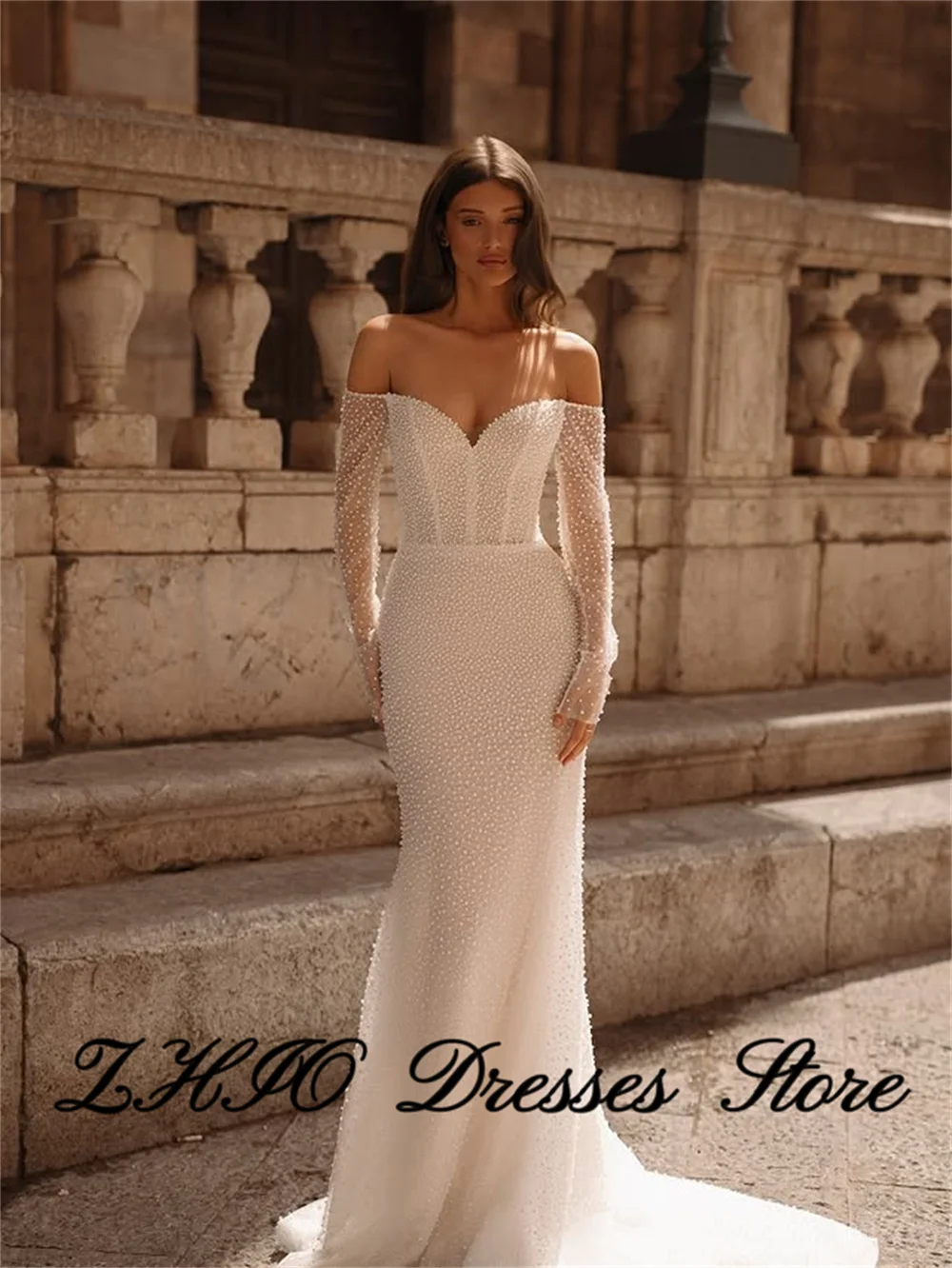 ZHIO-Vestido de novia de lujo con cuello en V, encaje con cuentas, mangas largas, drapeado, cola de barrido, sirena, trompeta, Vestido de novia personalizado