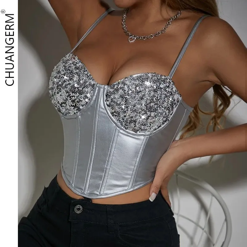 

CHUANGERM New Sexy Corset Top Fashion Sequins Nightclub Wind Steel Ring Fish Bone Slim Open Button Backless Sexy Small Vest Gift