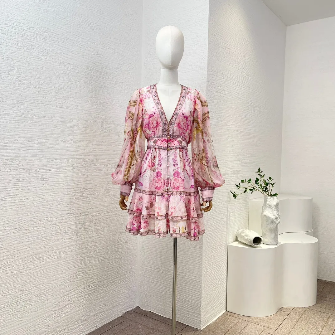 2024 Spring Pink Floral Print Diamonds Mini Dress