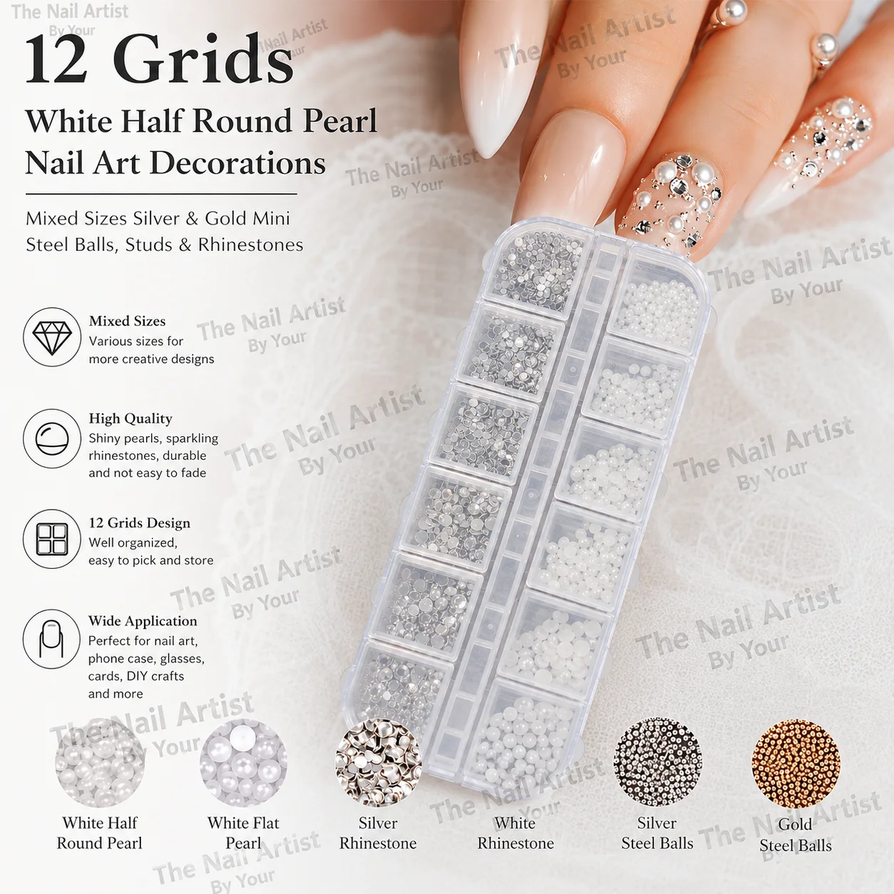 12 Grids White Half Round Pearl Nail Art Decoration Mixed Size Silver Gold Mini Steel Ball Rivet Rhinestone Nail Accessories