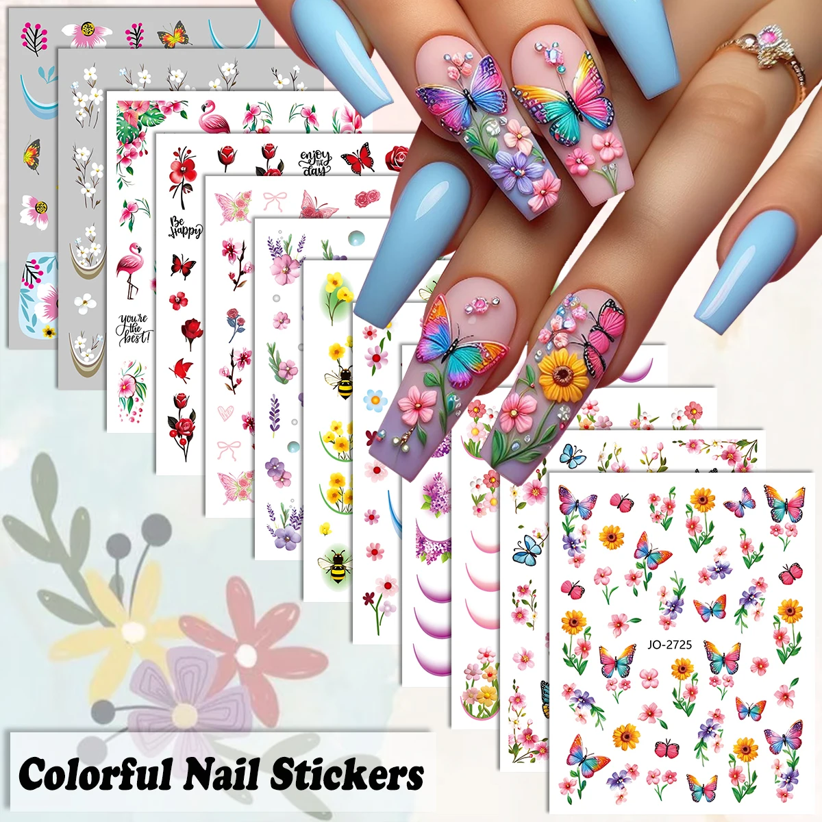 3/6/12 Blatt 3D-Schmetterlings-Blumen-Nagelkunst-Aufkleber, bunte Blumen, selbstklebende Nagelaufkleber, Sommer, Frühling, niedlicher geprägter Nagel