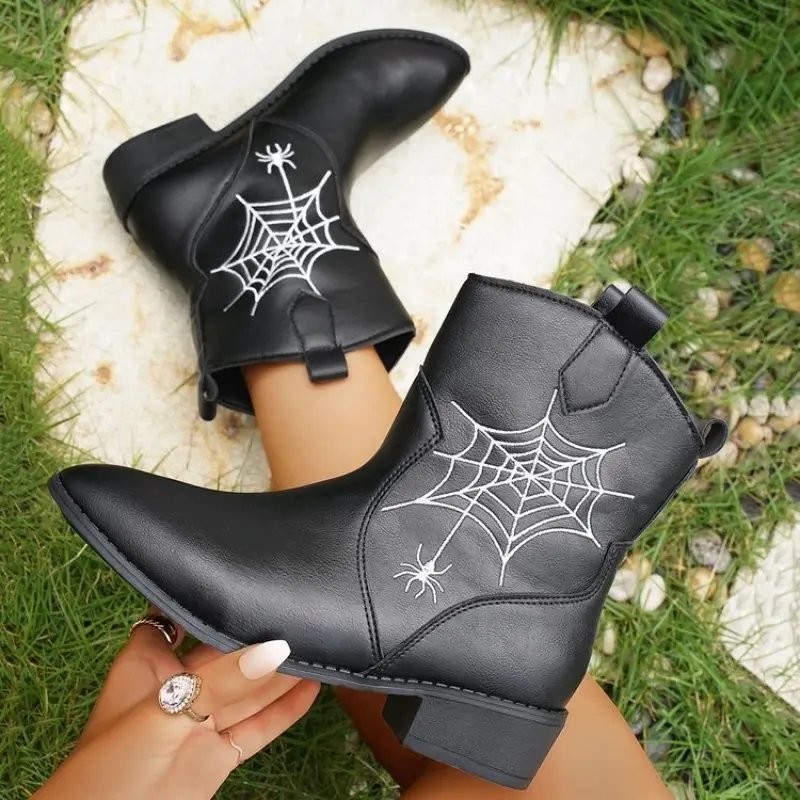 

Brand New Embroider 2024 Autumn Winter Western Mid Calf Boots Women Chunky Heels Vintage Cowgirl Cowboy Boots Retro Shoes Woman