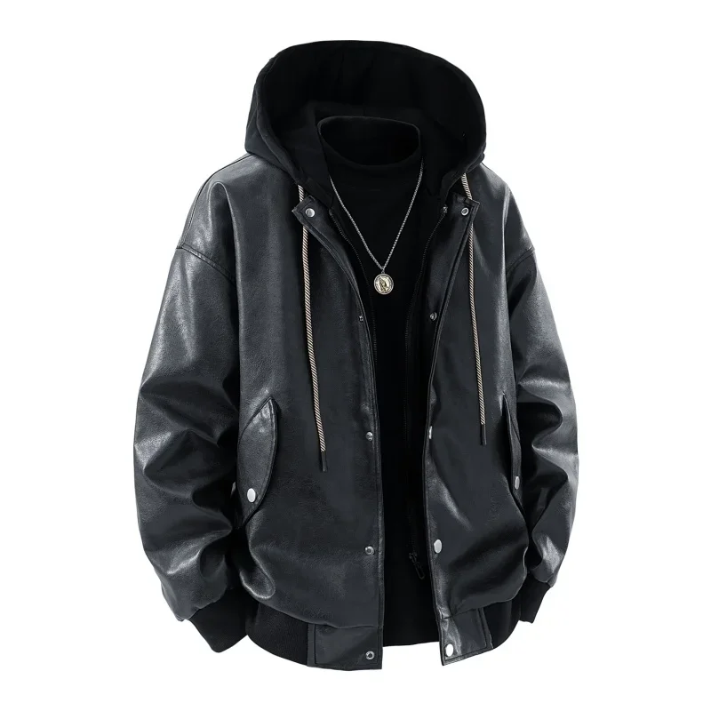 

Men's Spring Autumn Pu Leather Jackets High Street Retro Motorcycle Jackets Fake Two Piece Hooded Leather Jackets Work Jacket