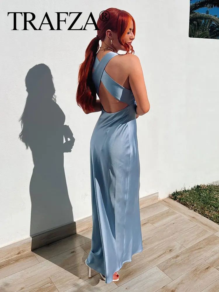 TRAF-Robe de Soirée en Satin pour Femme, Col en V, Dos Croisé, Ajourée, Chic, Sexy, Fermeture Éclair, Été