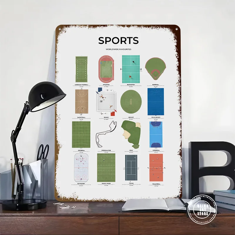 Sports Courts Chart 3D Printed Texture Poster Personalized Wall Art Retro Metal Tin Signs for Apartment Decoration Room Man Cave