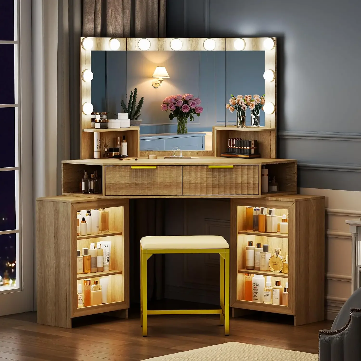 Vanity Desk with LED Lights Mirror & Power Outlet – Corner Design, Makeup Vanity Table Set with Storage Drawers &, Custom