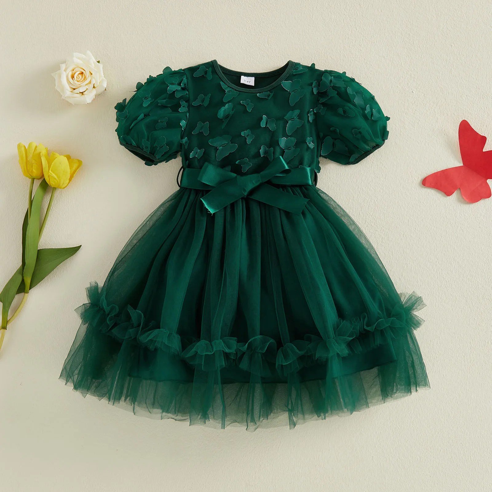 3-10Y Little Girls Summer Princess Party Dress 3D Butterfly Decorated Short Sleeve Round Neck Tulle Mesh Lace Dresses