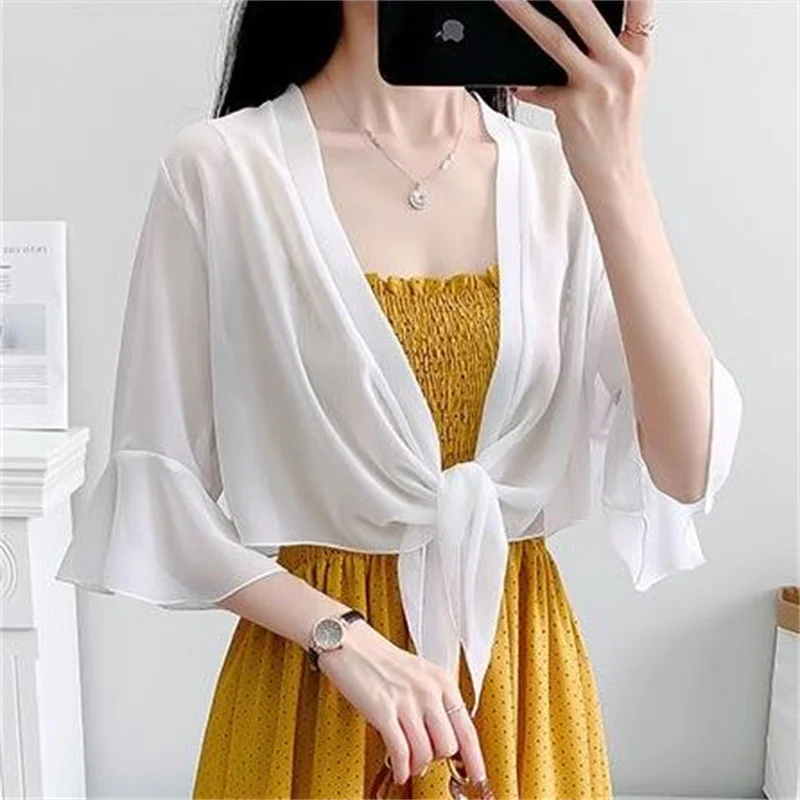 Chiffon Solid Color Cardigan, Summer Shawl Loose Elegant Blouse, Women\'S Thin Sunscreen Tops