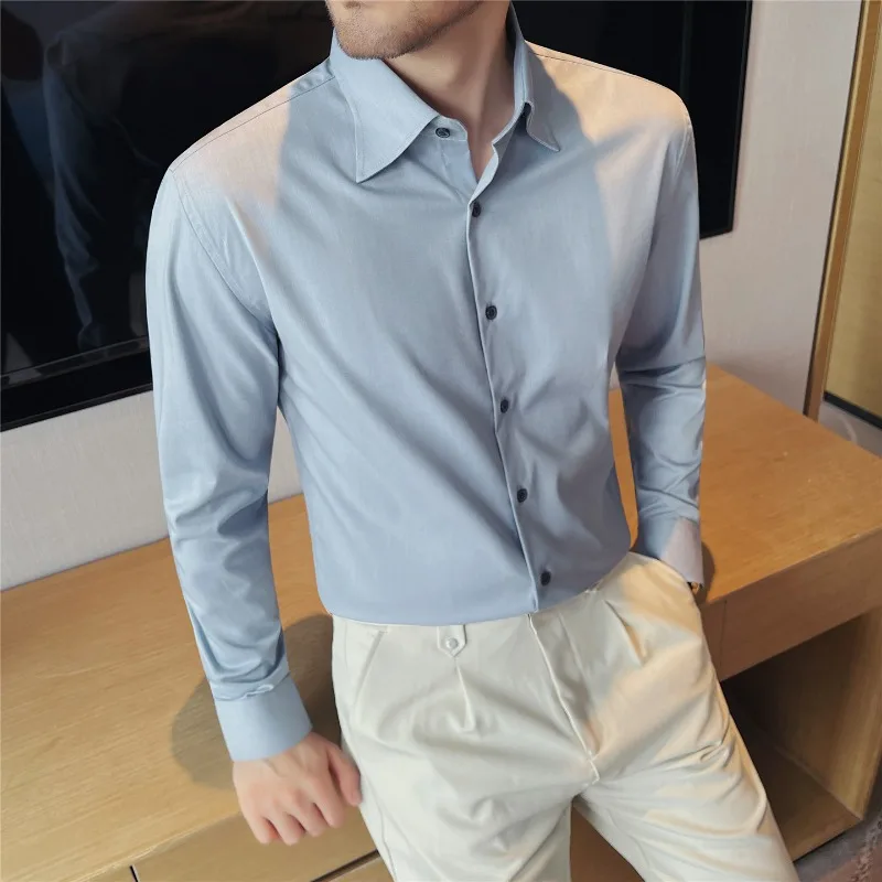 Hidden Button Lapel Shirt Men Bamboo Fiber Breathable Thin Long Sleeved Shirts Casual Business Formal Shirt Social Uniform Shirt