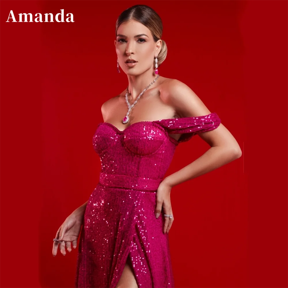 

Amanda Off Shoulder Evening Dress Sexy Sequins Prom Dress 2023 Hot Pink A-line Vestidos De Noche Side Split فساتين مناسبة رسمية