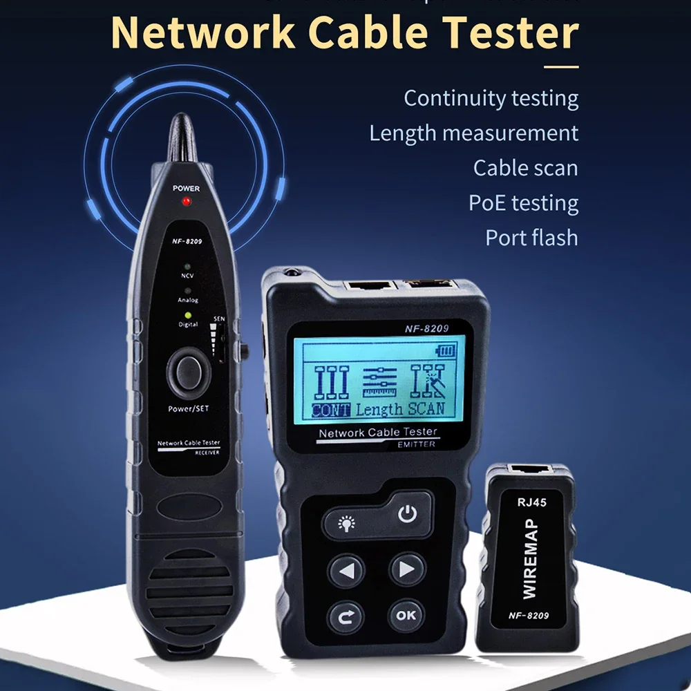 Noyafa NF-8209 Internet Cable Tester LCD Display Measure Length Cabl RJ45 Cable Tracker UTP Multifunctional Tester Network Tool