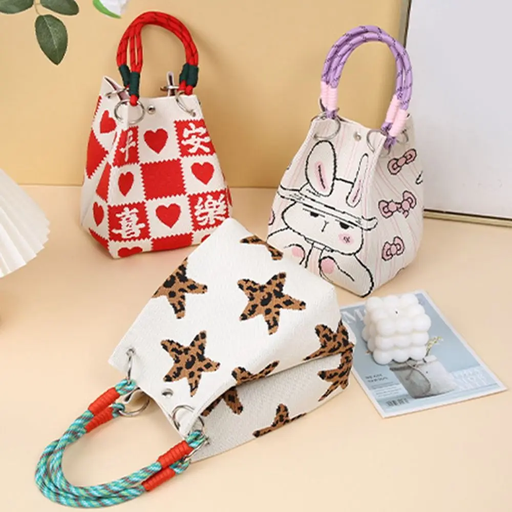 Portable Cartoon Knitted Bucket Bag Handmade Large Capacity Shoulder Bag Woven Ring Buckle Tote Bag for Women Girls
