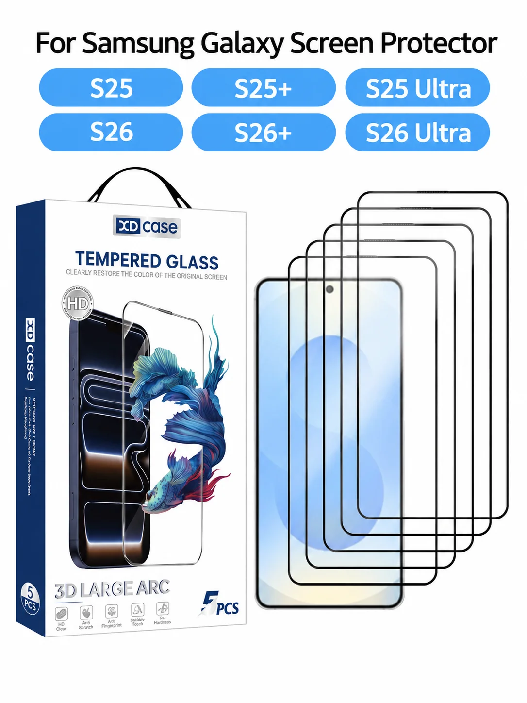 XDcase 5pcs / Pack Tempered Glass Film For Samsung Galaxy S25/S25+/S25 Ultra/S26/S26+/S26 Ultra 5G, Support Fingerprint Unlock