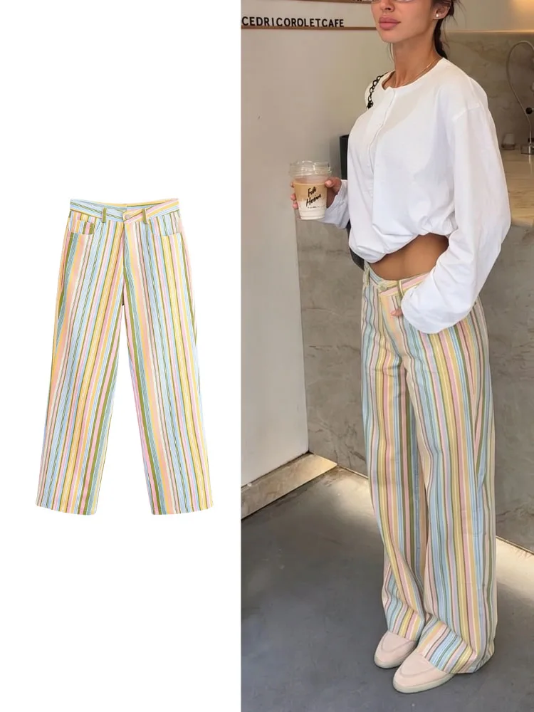 HH Women Summer Candy Color Vertical Stripe High Waist Wide Leg Jeans Relaxed Straight Denim For Coastal Holiday Getaway Wear
