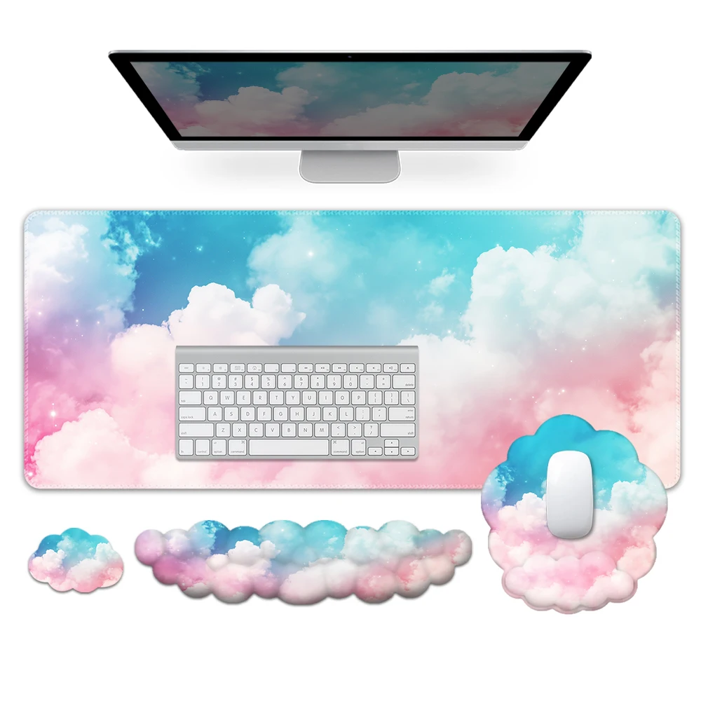 Blue and Pink Cloud Mouse Pad Wrist Pad Four-Piece Set -The mouse pad relieve wrist pain, soft and comfortable, suitable for use