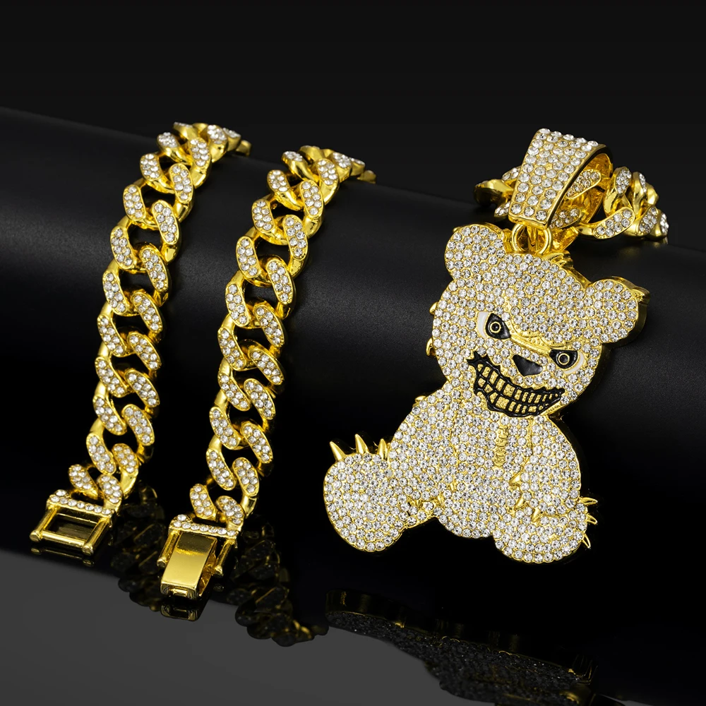 Men Women Hip Hop Bear Shape Pendant Necklace with 13mm Crystal Cuban Chain Iced Out Bling Bling Necklaces HipHop Punk Jewelry