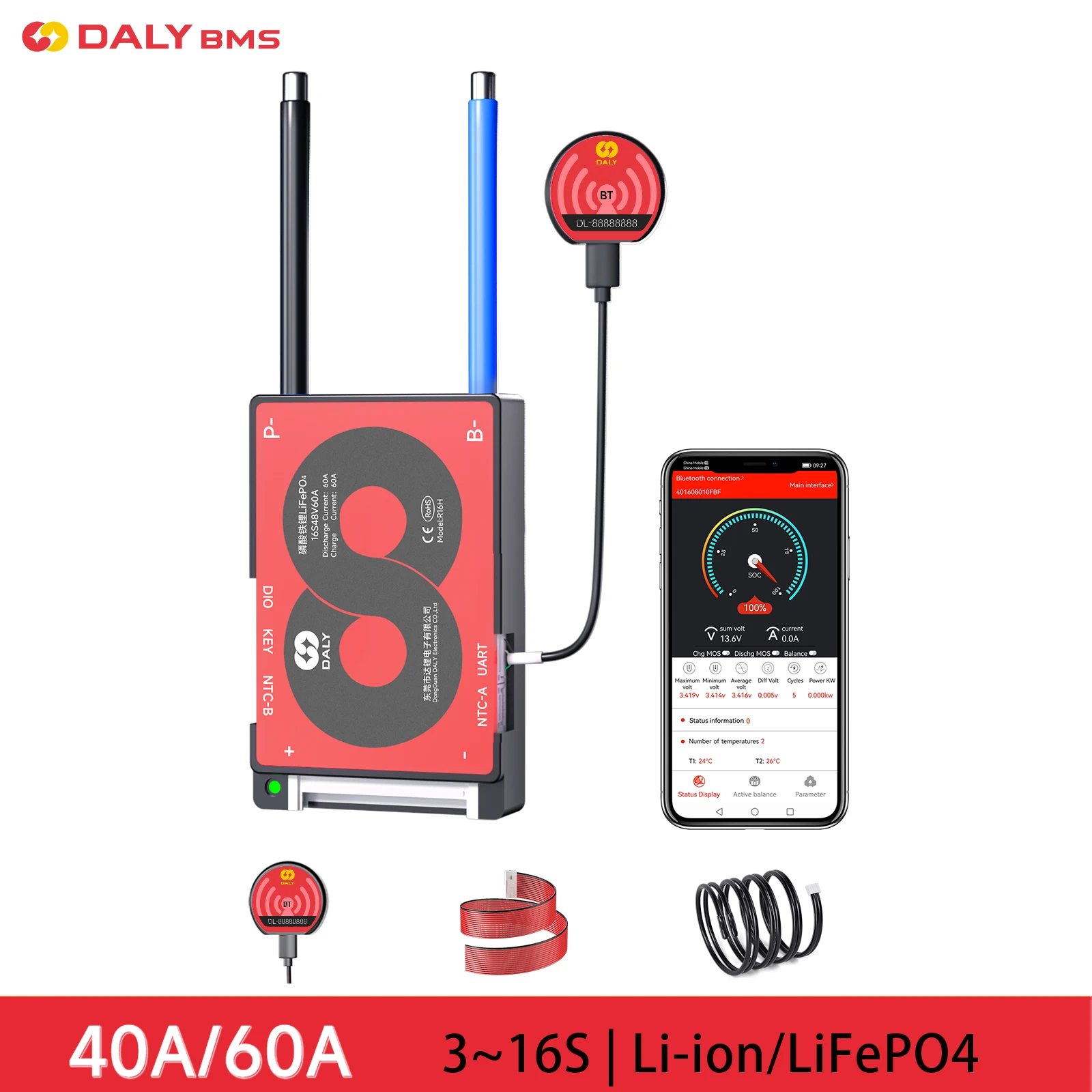 Daly BMS Smart BMS 4S 6S 7S 8S 16S 12V 24V 48V 40A 60A Lifepo4 Batterie Li-Ion 3.7V 3.2V BMS Onduleur Solaire Bluetooth 100Ah 150Ah