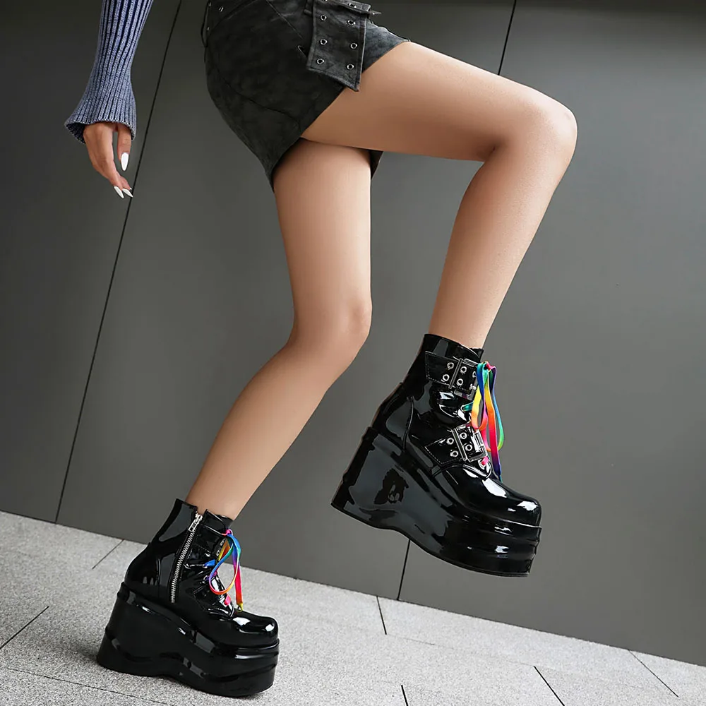 New Fashion Y2K Round Toe Chunky Bottom Women's Short Boots Big Size 45 Rainbow Lace-up Rivet Buckle  Autumn/Winter Shoes Woman