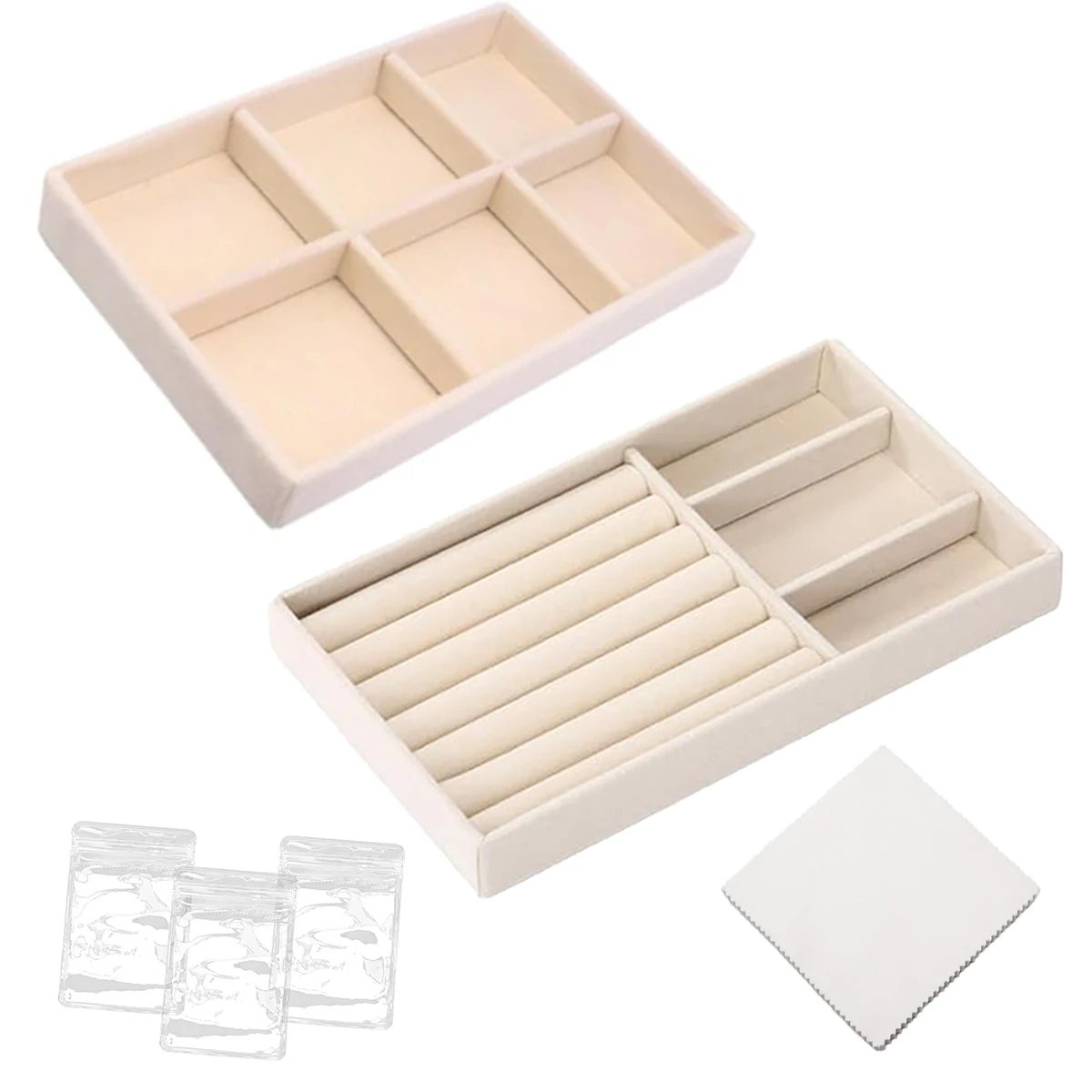 ベルベットジュエリーディスプレイトレイセット、絶妙なジュエリーオーガナイザー、ポータブルリング、イヤリング、ネックレス収納ボックス、酸化防止ポーチ