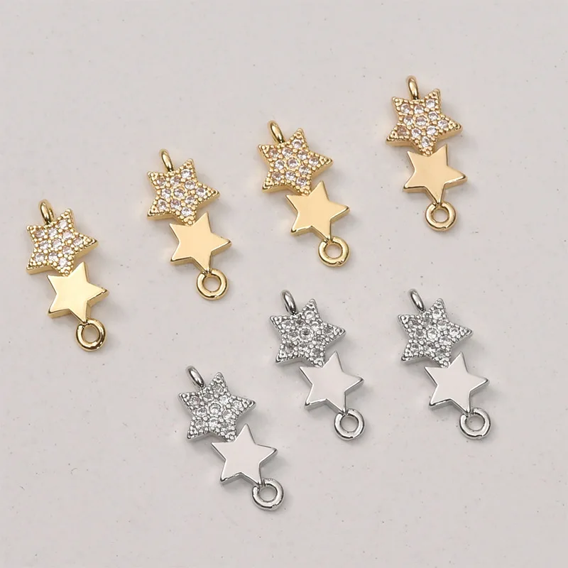Copper-plated 14K Gold Color Pentagram Double Hanging Star Inlaid Zircon Pendant DIY Ear Jewelry Necklace Bracelet Accessories