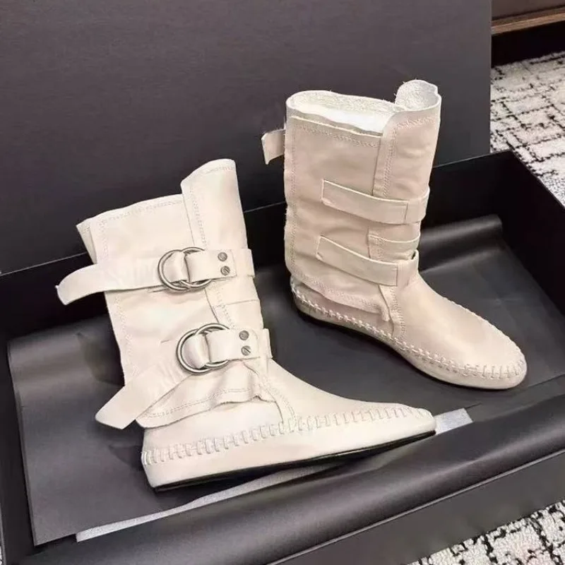 Retro Womens Shoes Handmade Leather Motorcycle Boots for Woman Exquisite Round Head Mid Calf Boots Designer Shoes Botas Feminina