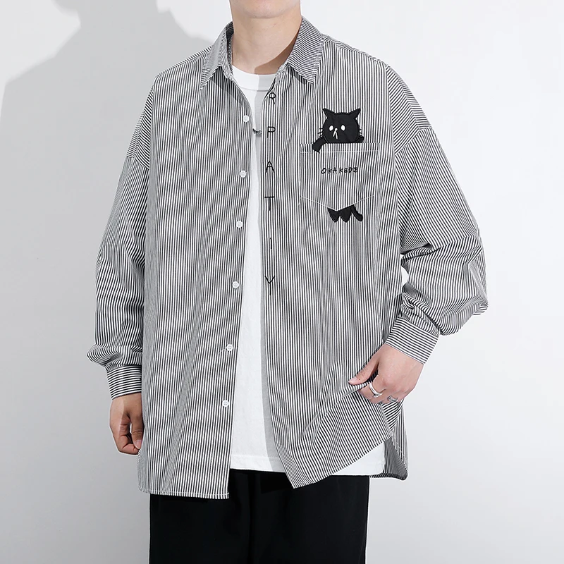 

Men's Stripe Long Sve irt Spring Autumn Thin Loose Faionable Casual Sle Polyester Cotton Blend Button up Coat