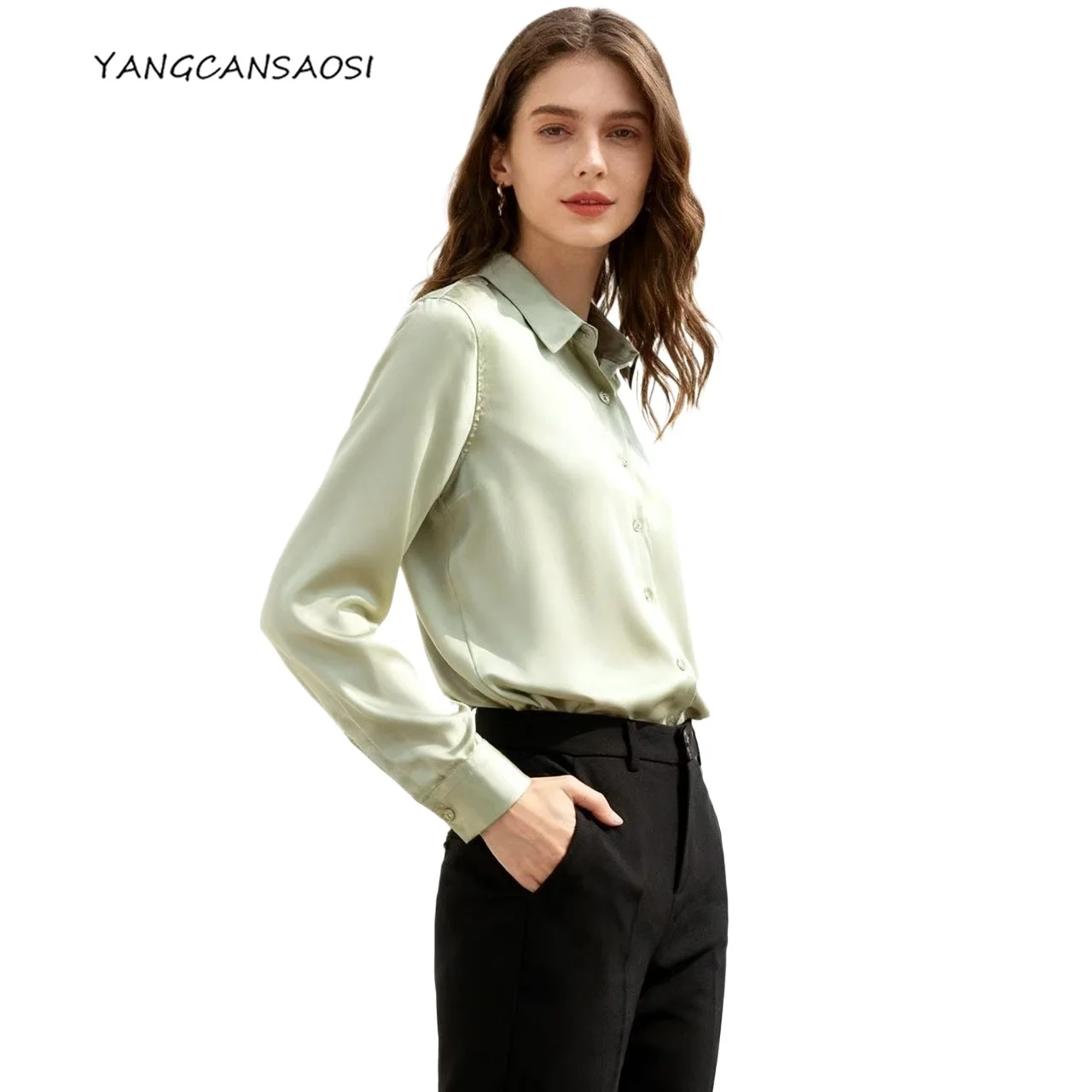 

93% Natural Mulberry Silk Elastic Satin Women's New Solid Color Shirt Long Sleeved Simple and Elegant Office Commuting Top