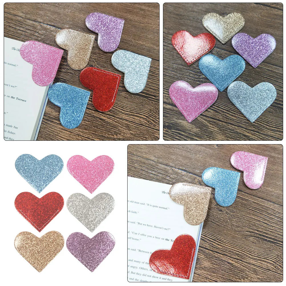 

6Pcs PU Heart Shaped Glitter Bookmarks for Students Teachers Office Classroom Decorative Corner Page Holders Reading Supplies