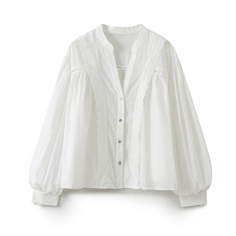 

YENKYE Spring 2024 Women Ruffled Lace Insert White Shirt Vintage Puff Sleeve V Neck Female Streetwear Oversize Blouse