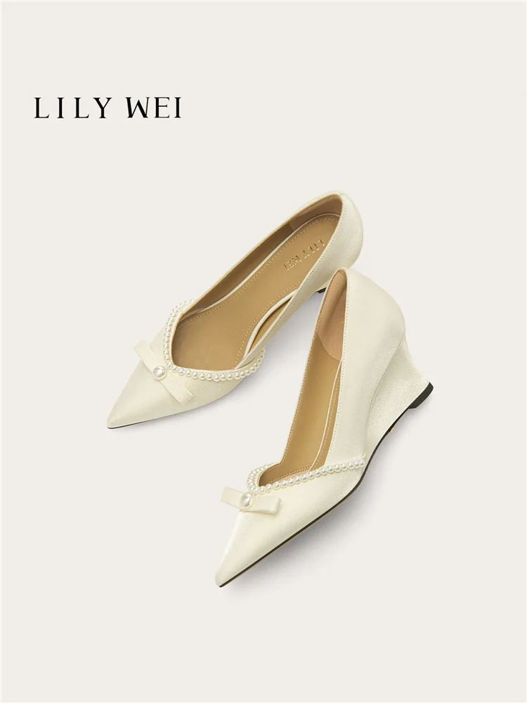 Spring pointed crystal sequin pearl silk surface small size wedge heel banquet shoes daily high heels large size women's shoes