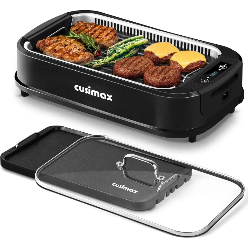 CUSIMAX Smokeless Grill Indoor, 1500W Electric Grill Griddle Korean BBQ Grill, Non-stick Removable Grill Plate, Black