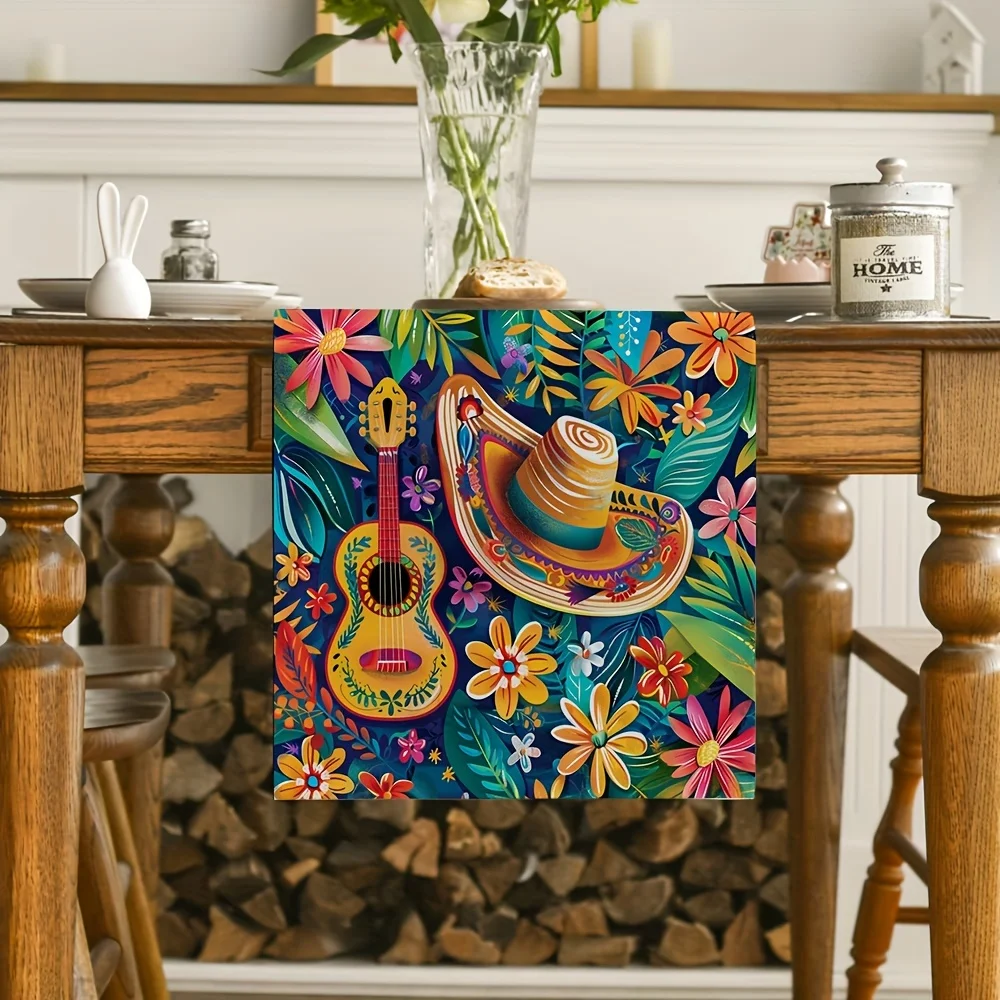 Mexican Style Colorful Printed Linen Table Runners Band Cactus Plant Flower Straw Hat Pattern Table Runner Day Of The Dead decor