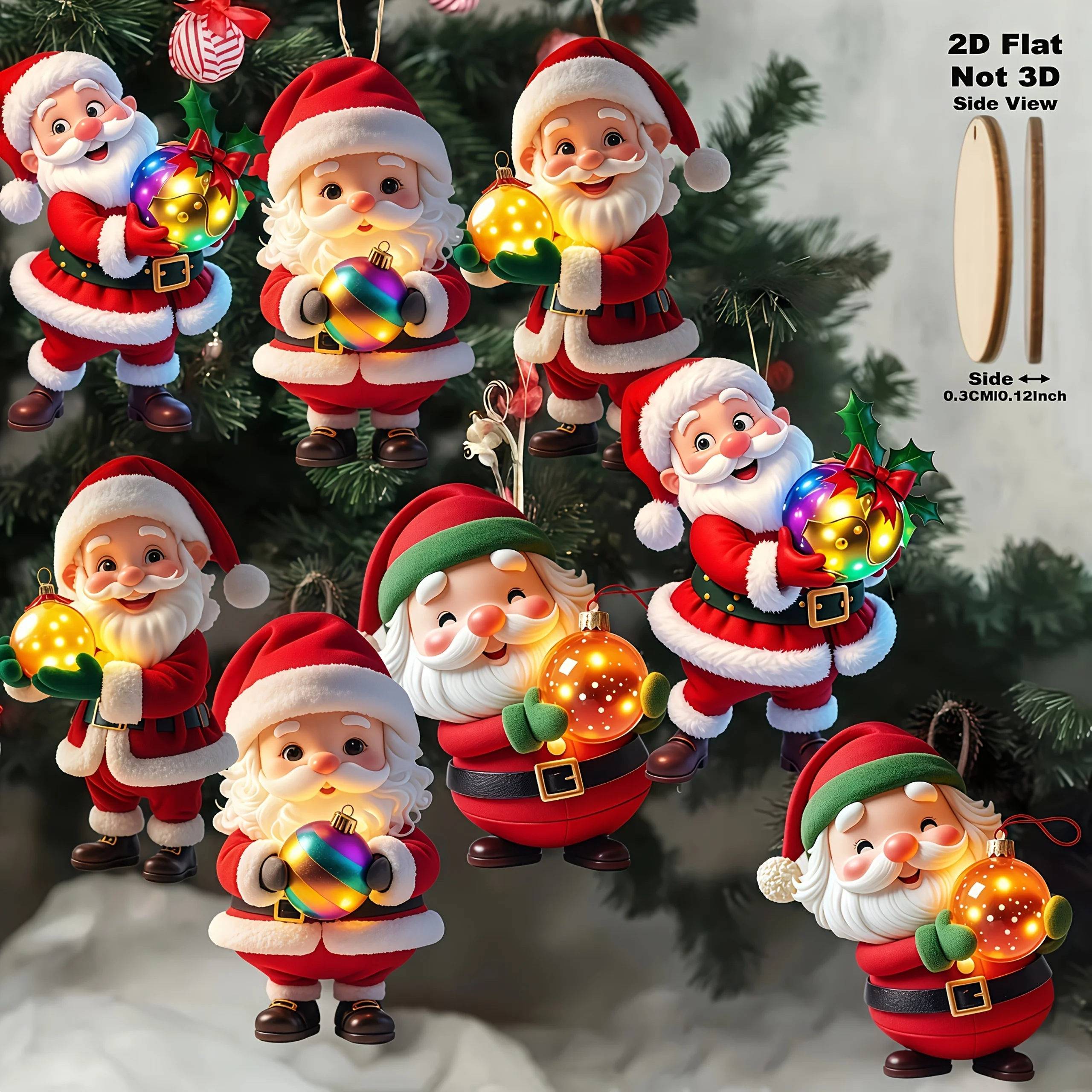 8 Stück Vintage-Weihnachtsmann-Ornamente aus Holz, 2D-flache festliche Weihnachtsbaumschmuck mit leuchtenden Lichtern für Urlaubspartys