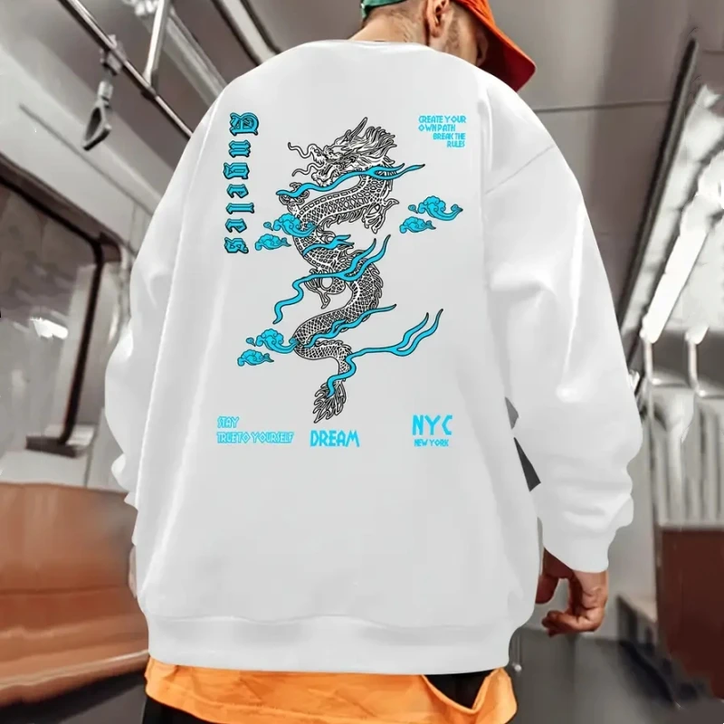 

Trend Men's Sweatshirt For Mens Hoodies Pullover 3d Dragon Print Long Sleeve Sweatshirts Autumn Loose Oversized Men Clothing Top