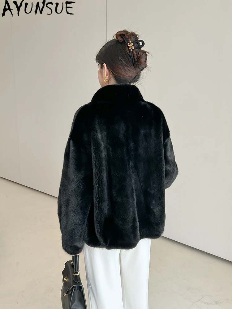AYUNSUE Куртка из натурального бархата норки с воротником-стойкой Роскошная куртка из цельной норки для женской одежды Высокое качество Кофта С Мехом