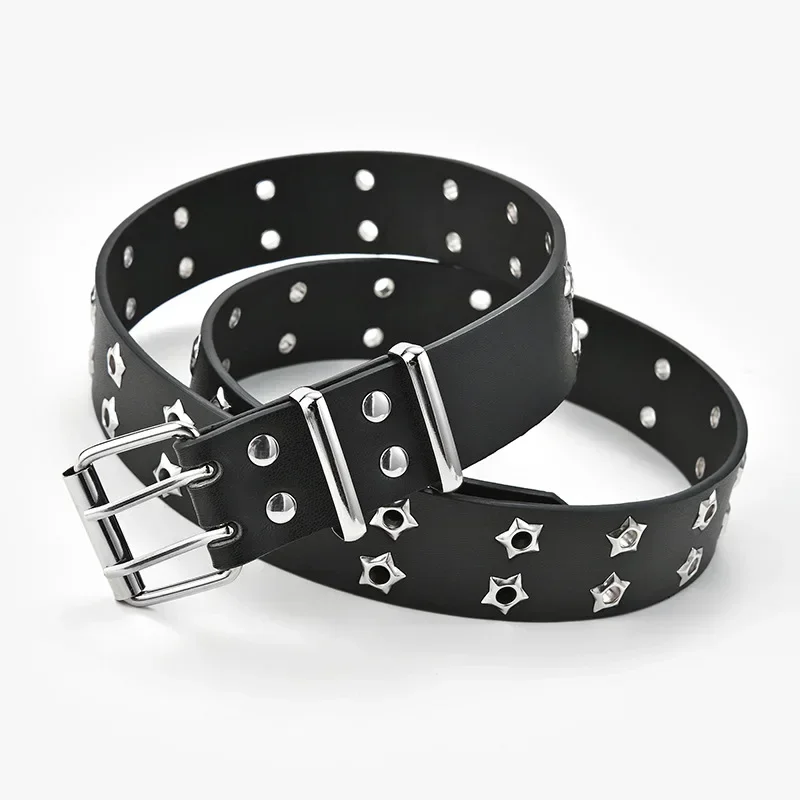 

Fashion Men Women Punk Style Chain Belt Adjustable Hollow Star Double Breasted Buckle Metal Buckle Leather Jeans Waistband