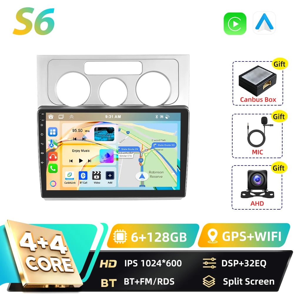 Podofo 8+128G 2din Android autoradio voor Volkswagen Touran 2006-2008 met Carplay, FM, GPS navigatie, DSP, Android Auto, RDS en BT