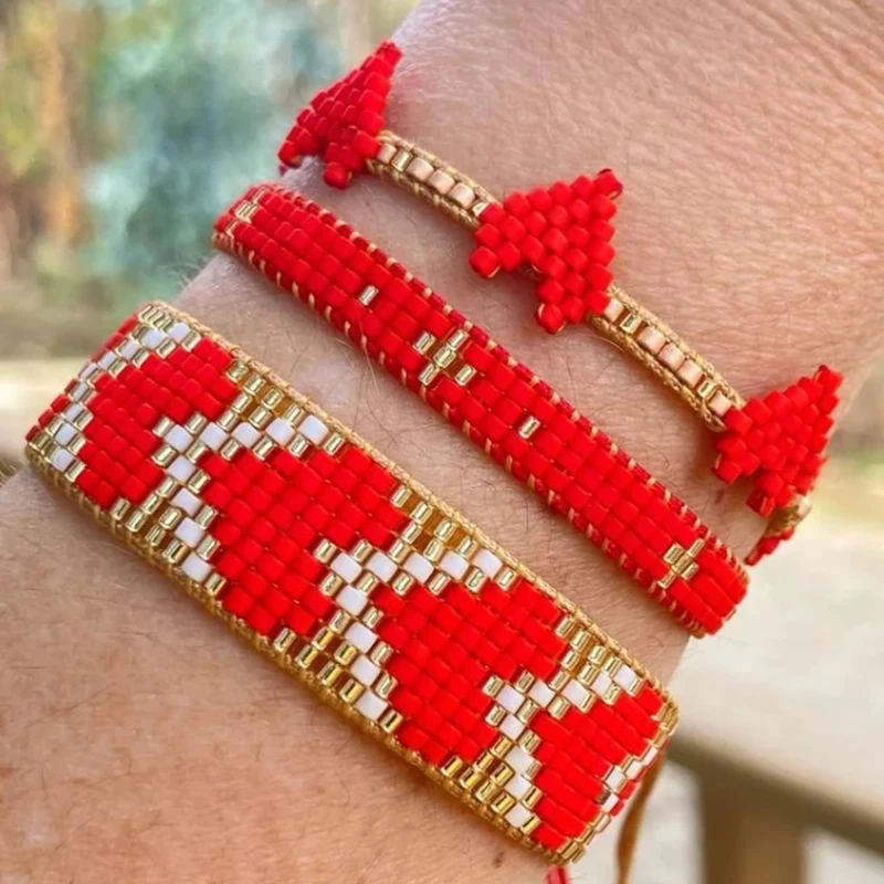 Mosengkw Gold Red Color Fashion Heart Miyuki Bracelet Simple Boho Handmade Glass Bead Bracelet Set