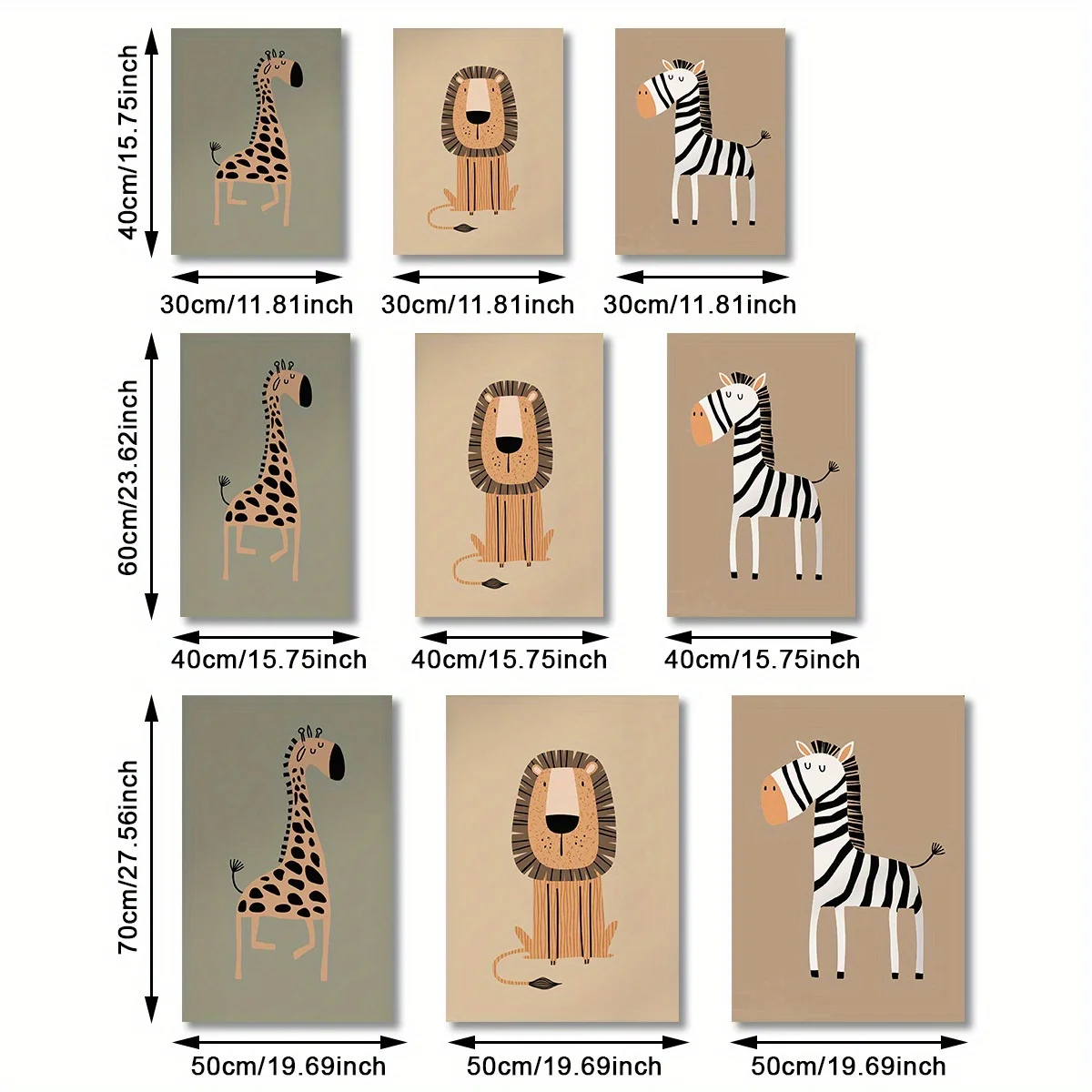 مجموعة فنية جدارية مكونة من 3 قطع من Jungle Safari - مطبوعات حيوانات على الطراز البوهيمي مع الزرافة والحمار الوحشي والأسد، ديكور أخضر نعناعي، حيوان بدون إطار