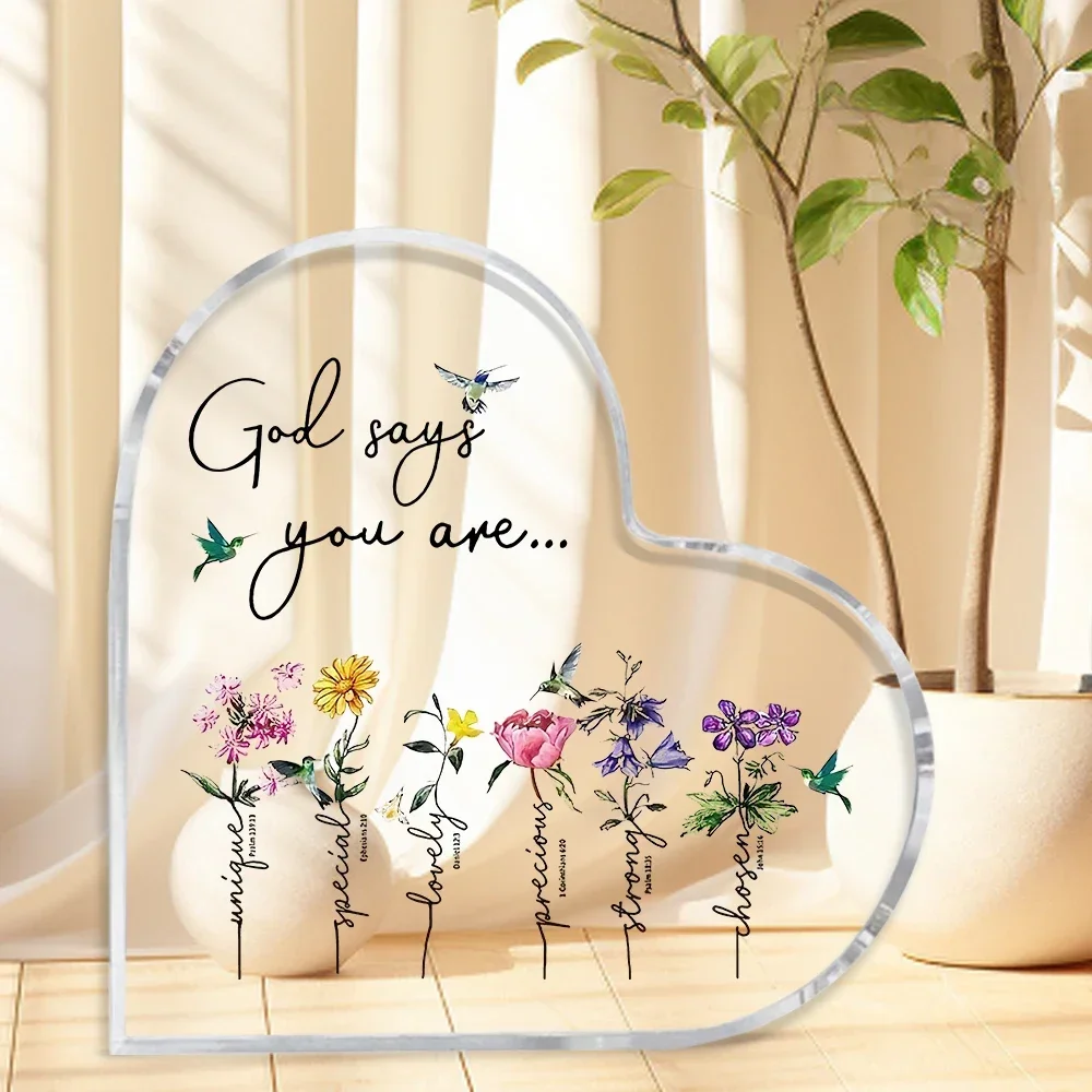 Clear Heart Shaped Acrylic Stand God Says You Are Unique Special Lovely Precious Strong Chosen Table Ornament