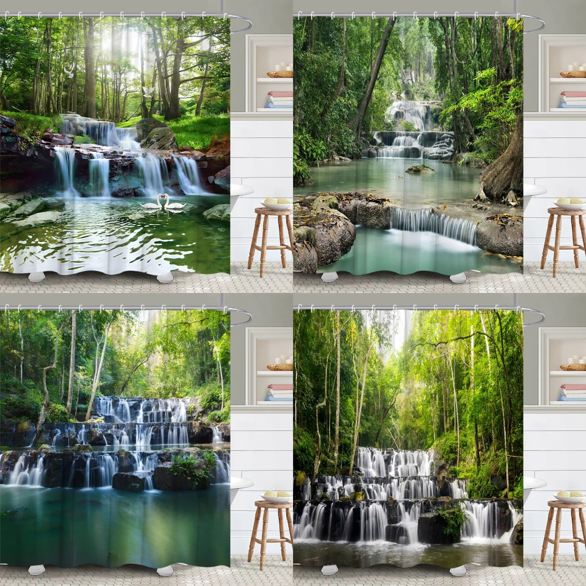 

Modern Forest Shower Curtain Waterfall River Mountain Spring Outdoor Garden Nature View Polyester Fabric Bathroom Decor Curtain