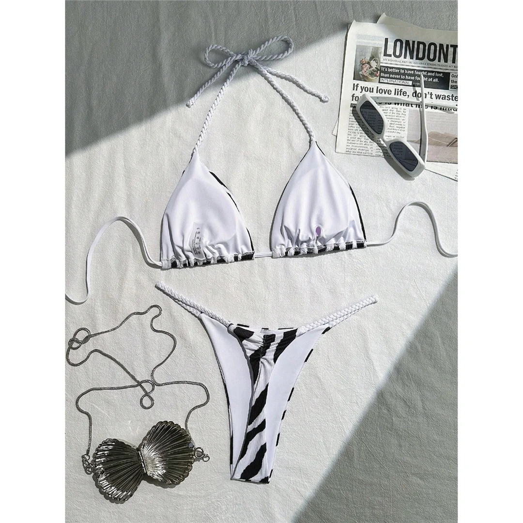 XS - L Zebra Halter Mini Thong Bikini Damen Bademode Zweiteiliger Bikini-Set mit Polsterung Badeanzug Schwimmanzug V6759 – Detail 5