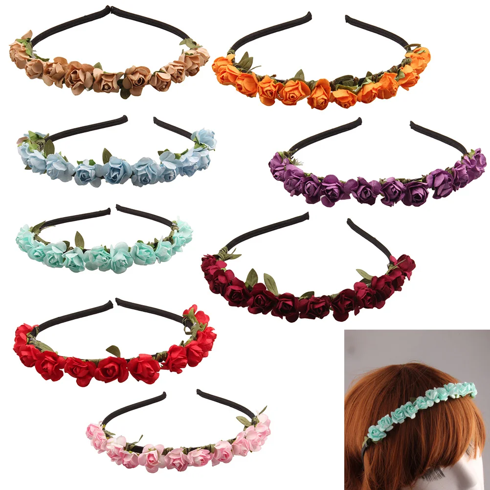 

8Pcs Rose Flower Headbands Elegant Floral Hairbands Bridal Headdress Adjustable Elastic Women Hair Accessories for Wedding Party