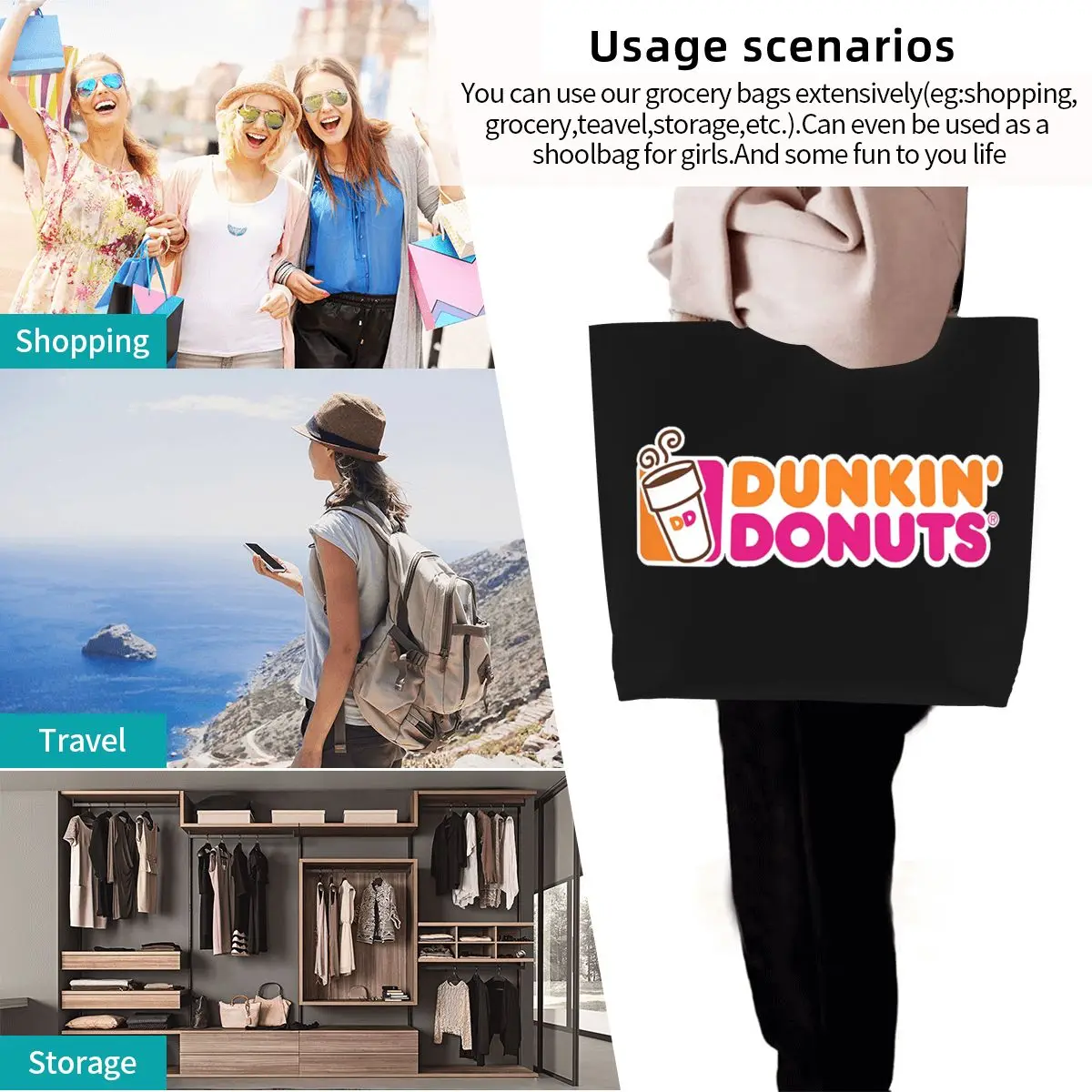 Dunkin Donuts Shopping Tote Bag Canvas Large Capacity Shoulder Bags Shopper Grocery Handbag for Women view 3