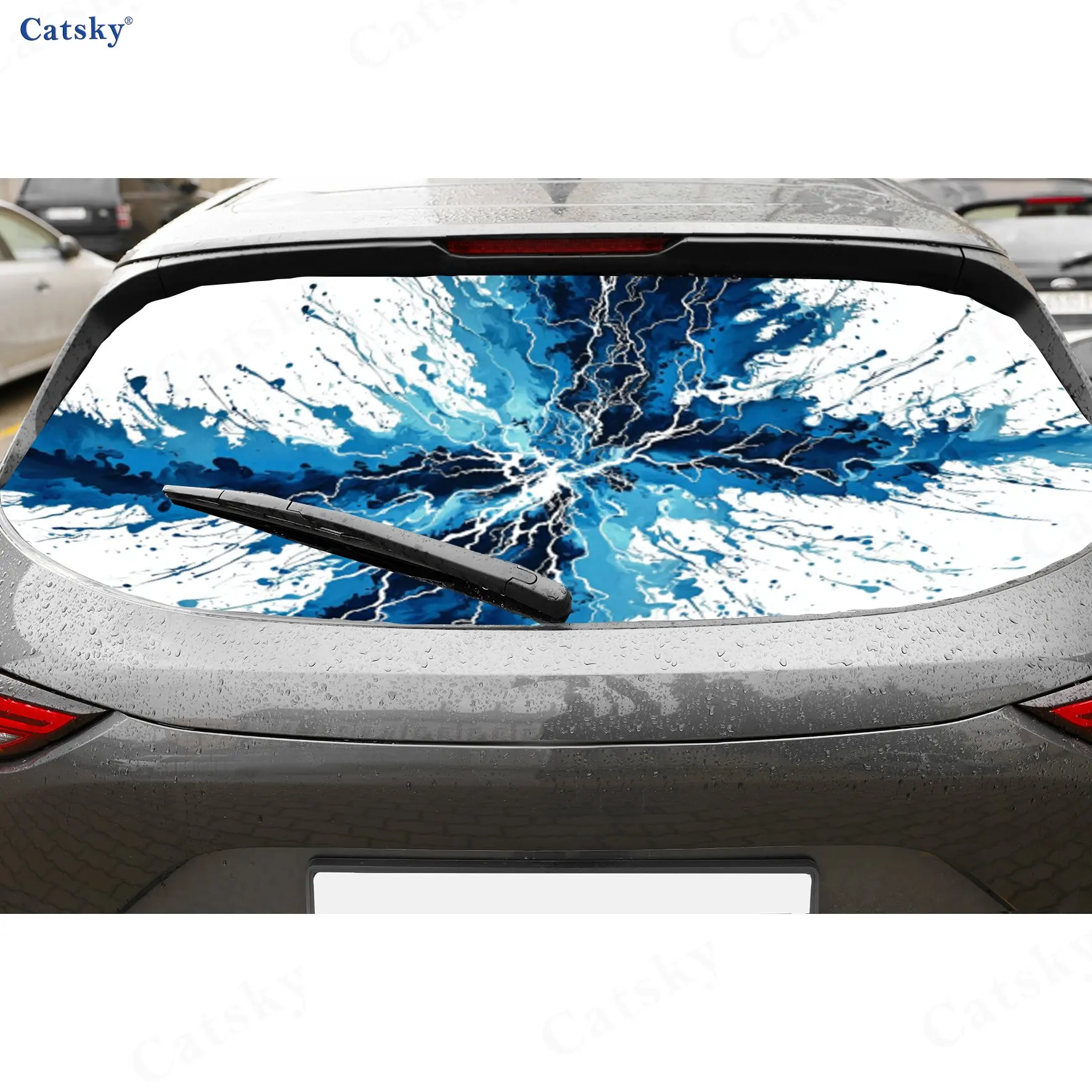 Blue Tone Splatter Lightning Pattern PVC Perforated Car Rear Window Vinyl Wraps, Durable Waterproof Car Rear Windshield Sticker