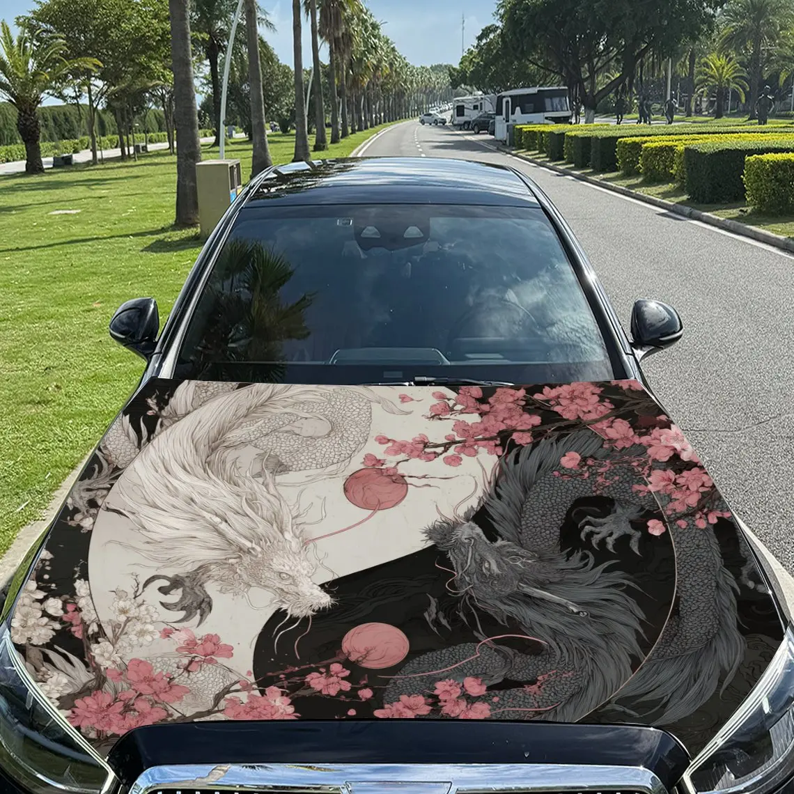 

Yin - Yang Double Dragons Surrounded by Cherry Blossoms Car Vinyl Wrap, PVC Material Waterproof Car Hood Sticker, Self-Adhesive